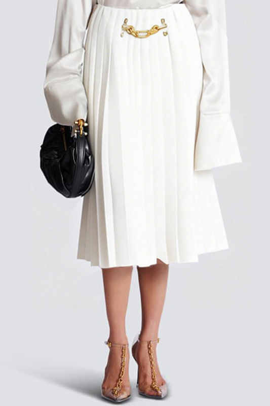 Foxea Chain Embellished Pleated Midi Skirt - White