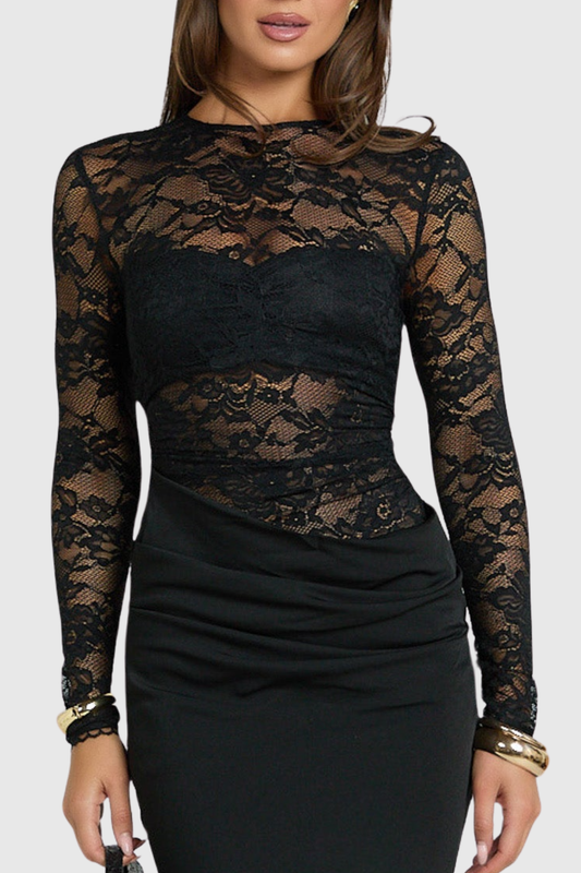 Gaela Lace Ruched Maxi Dress - Black