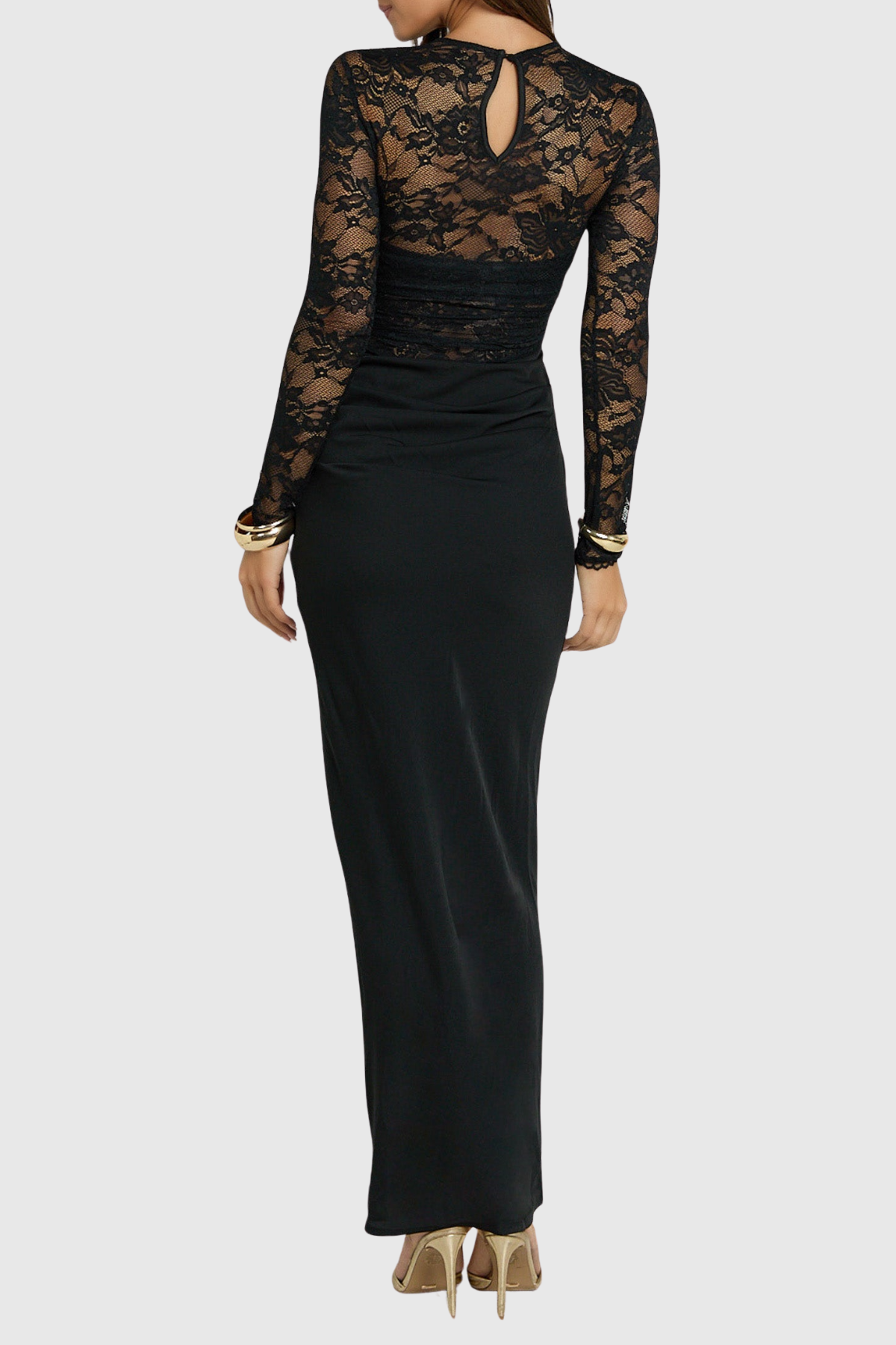 Gaela Lace Ruched Maxi Dress - Black