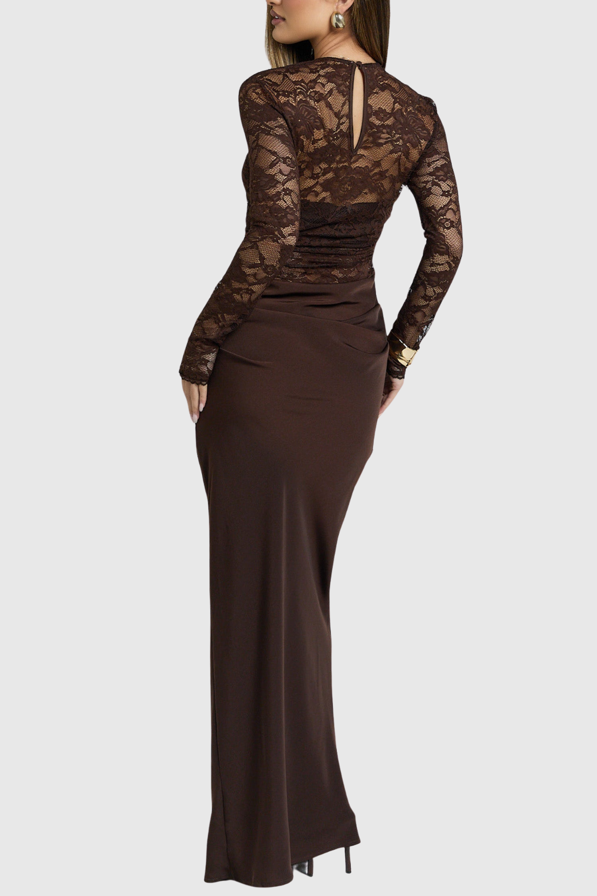 Gaela Lace Ruched Maxi Dress - Brown