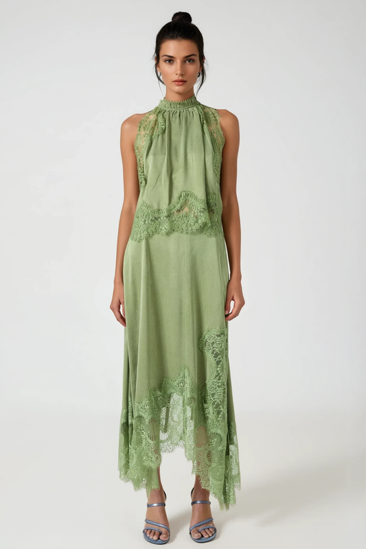 Gavia Sleeveless Lace Top & Midi Skirt Set - Green