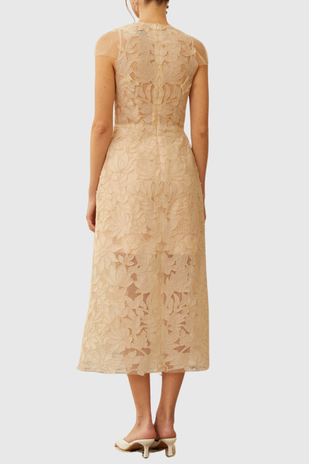 Glinda Floral Appliqué Midi Dress - Beige