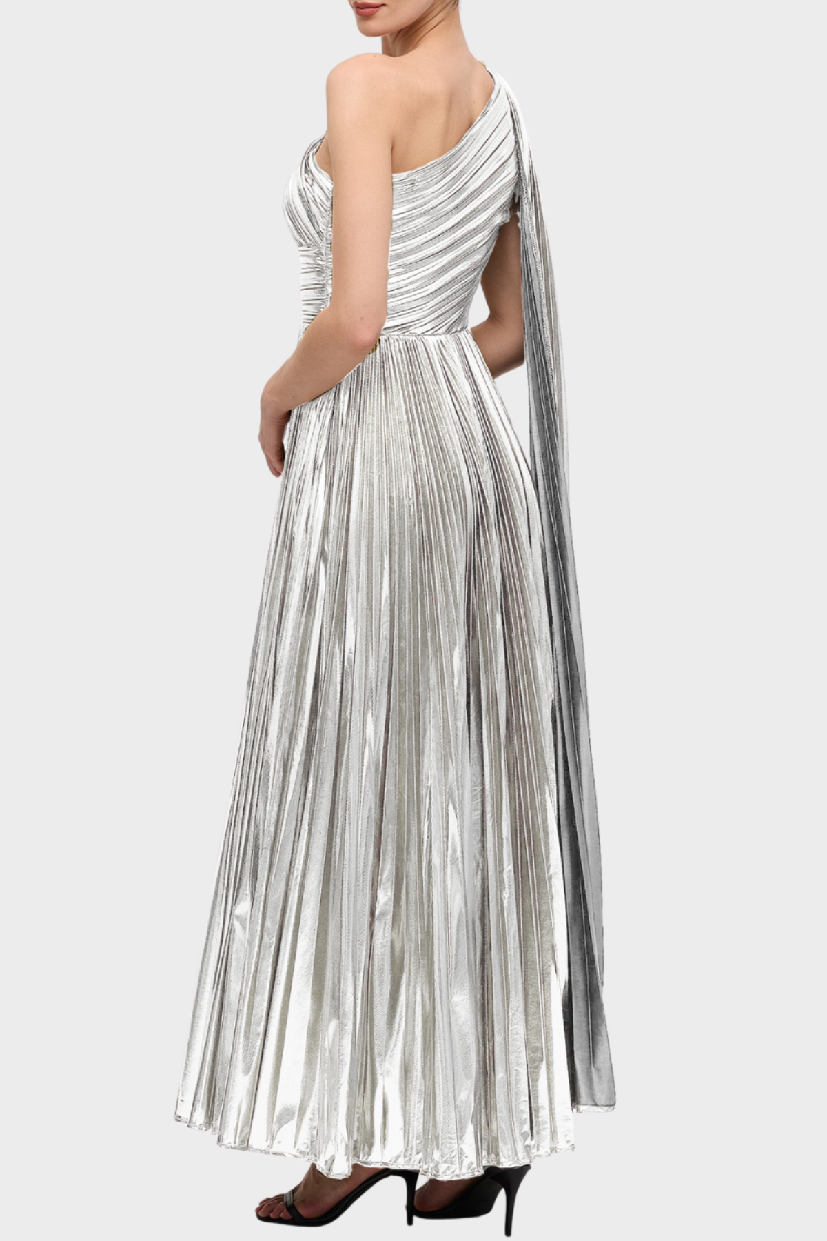 Guillo One Shoulder Metallic Pleated Maxi Dress - Silver