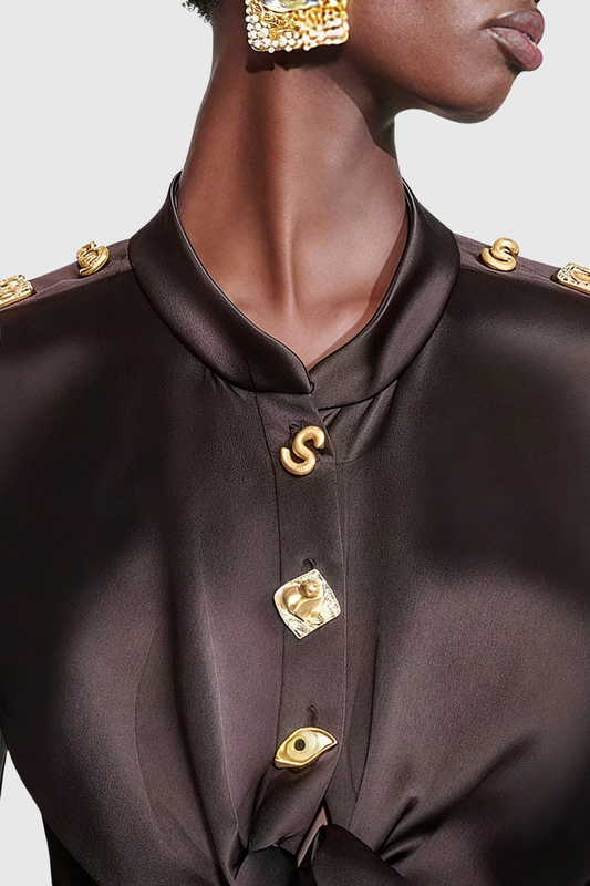 Gumpa Satin Buttoned Embellished Crop Shirt - Brown