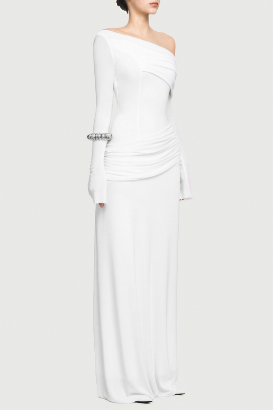 Gunnar Off Shoulder Asymmetric Ruched Maxi Dress - White