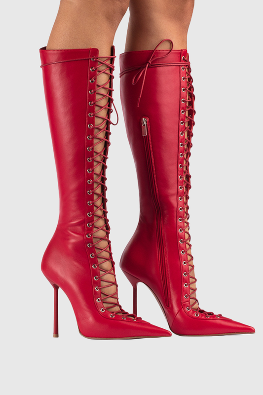 Gussie Lace Up Leather Boots - Red
