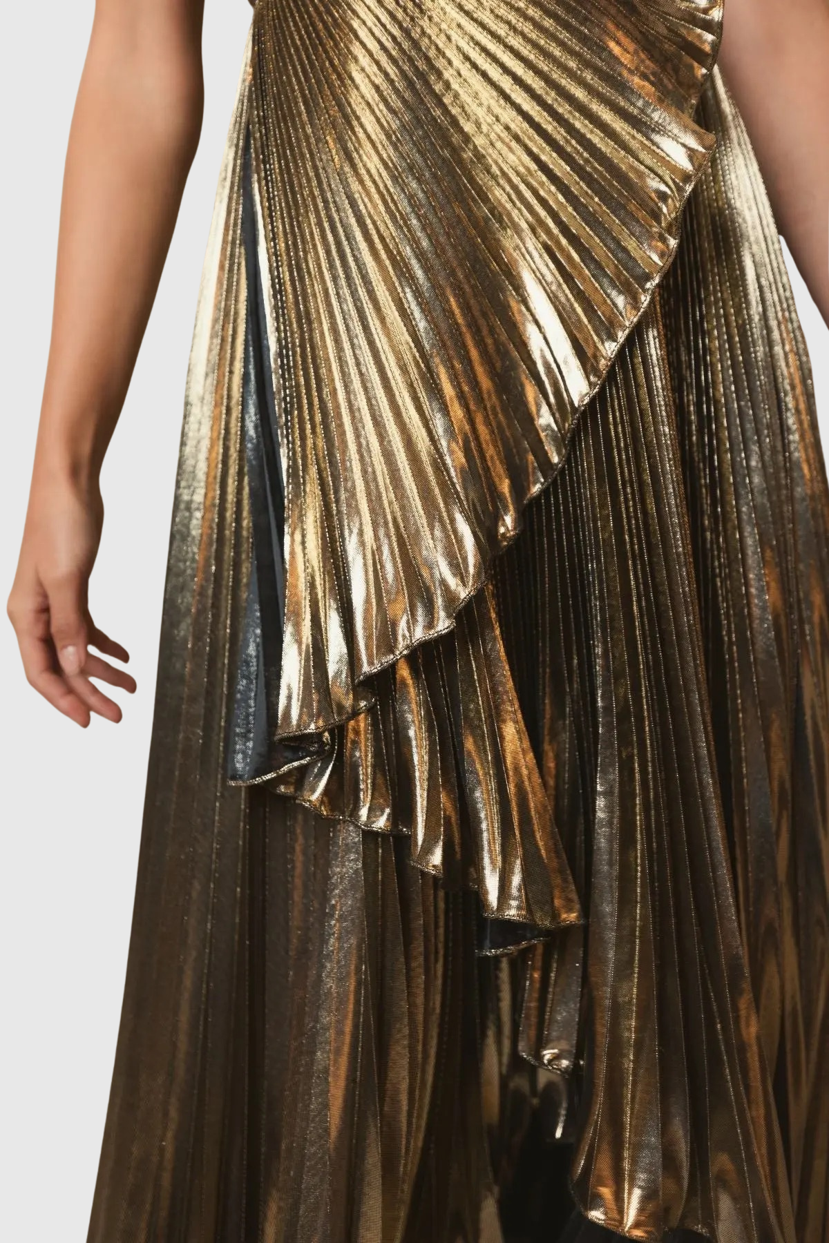 Gustavn One Shoulder Metallic Pleated Maxi Dress