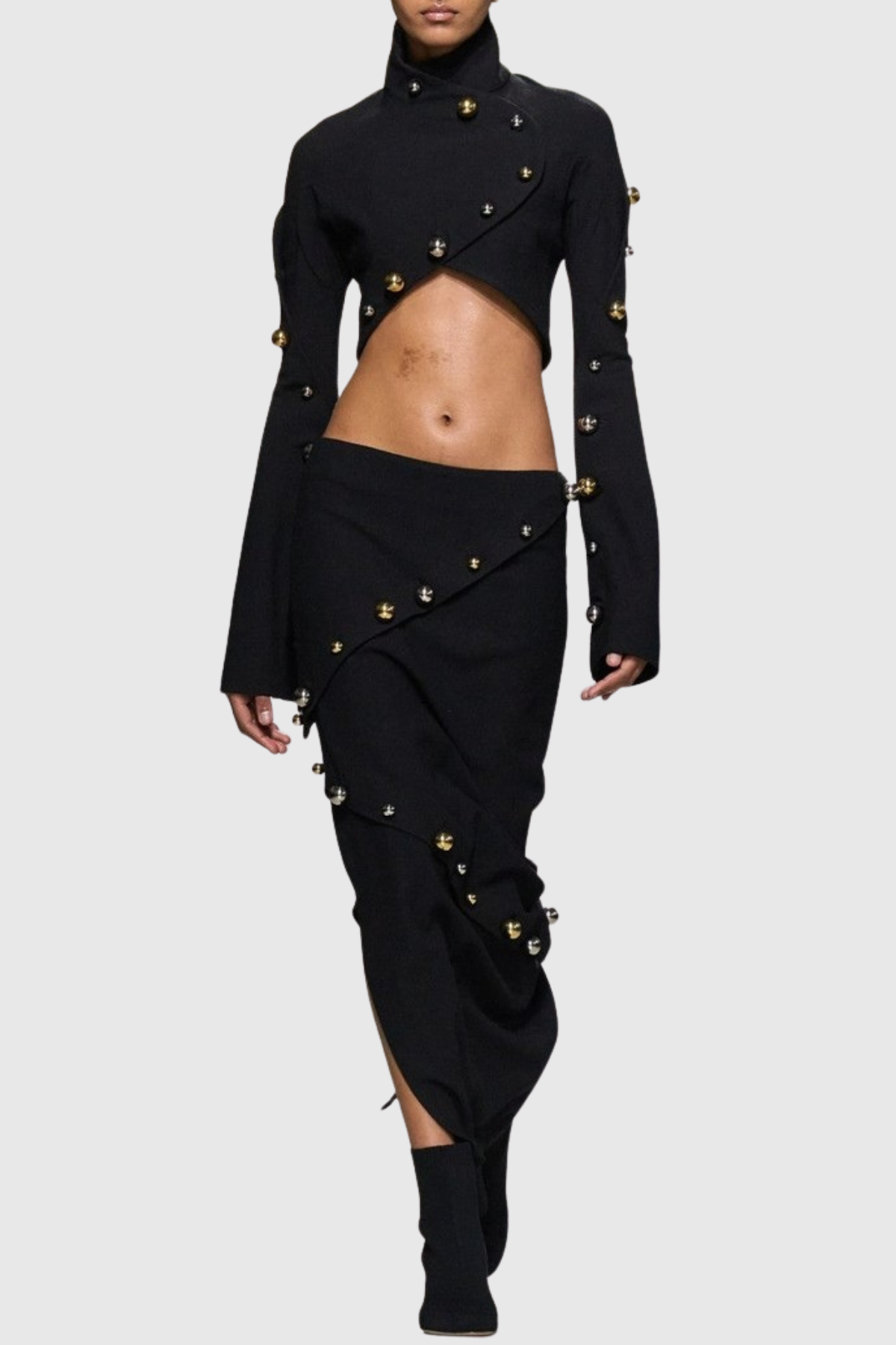 Gwyly Buttoned Embellished Top & Skirt Set
