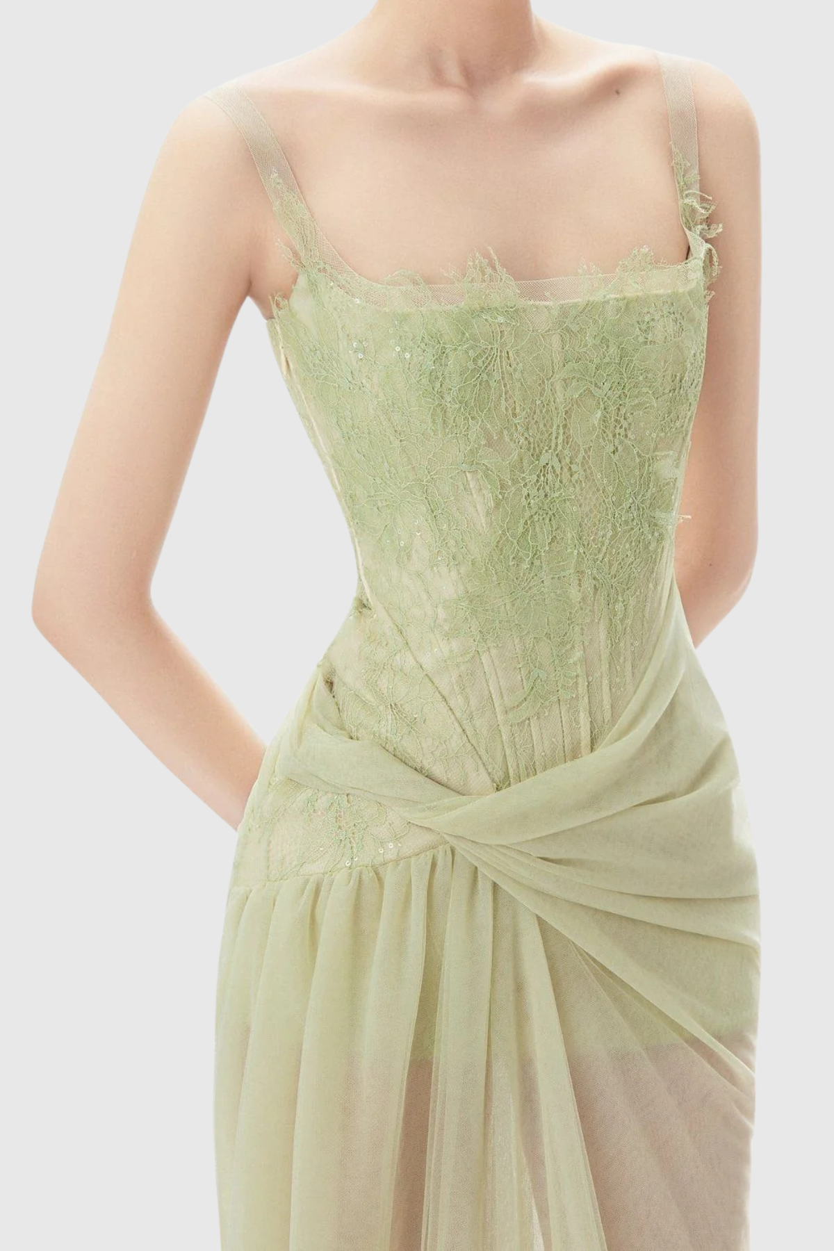 Hallra Lace Ruched Split Maxi Dress