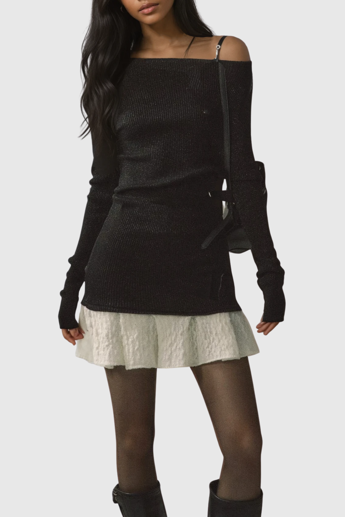 Henira Off Shoulder Knit Mini Dress - Black