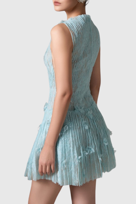 Hermra Lace Pleated Sleeveless Mini Dress - Blue