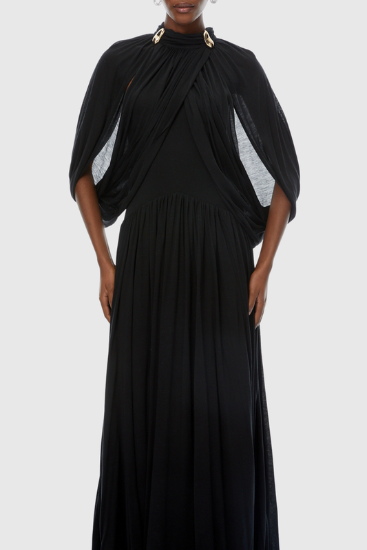 Hespia Ruched Cape Mesh Maxi Dress - Black