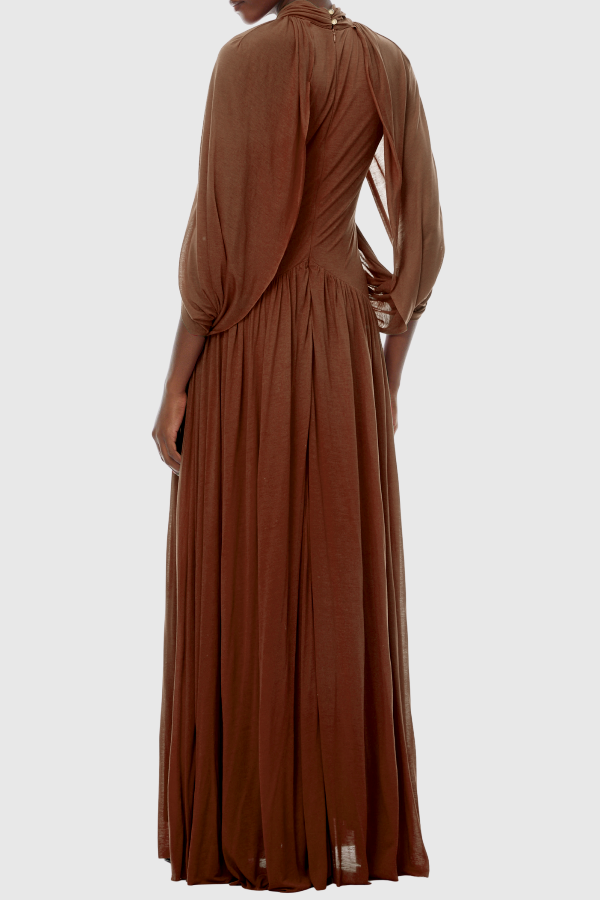 Hespia Ruched Cape Mesh Maxi Dress - Brown