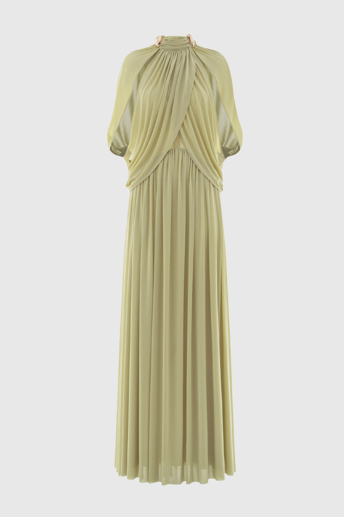 Hespia Ruched Cape Mesh Maxi Dress - Yellow