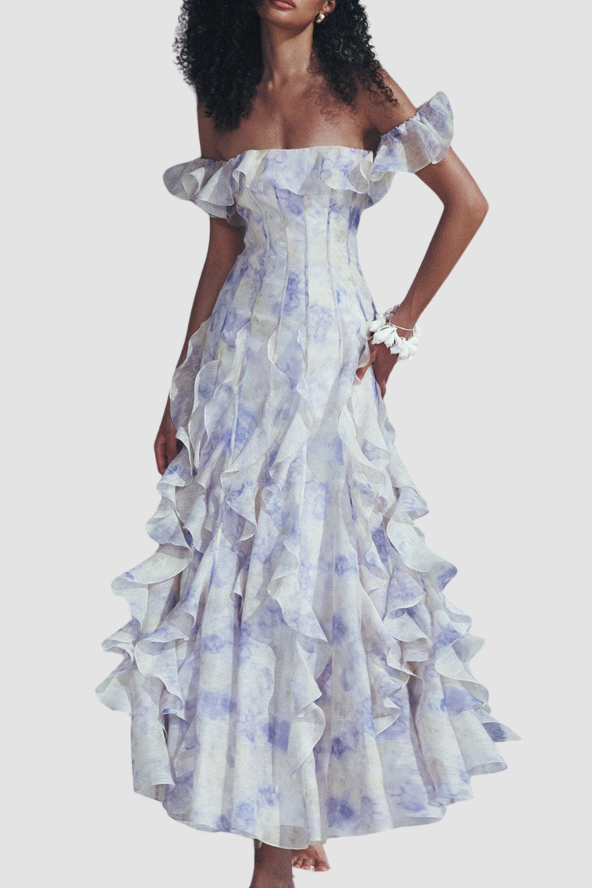 Ilex Floral Off Shoulder Ruffle Maxi Dress - Blue