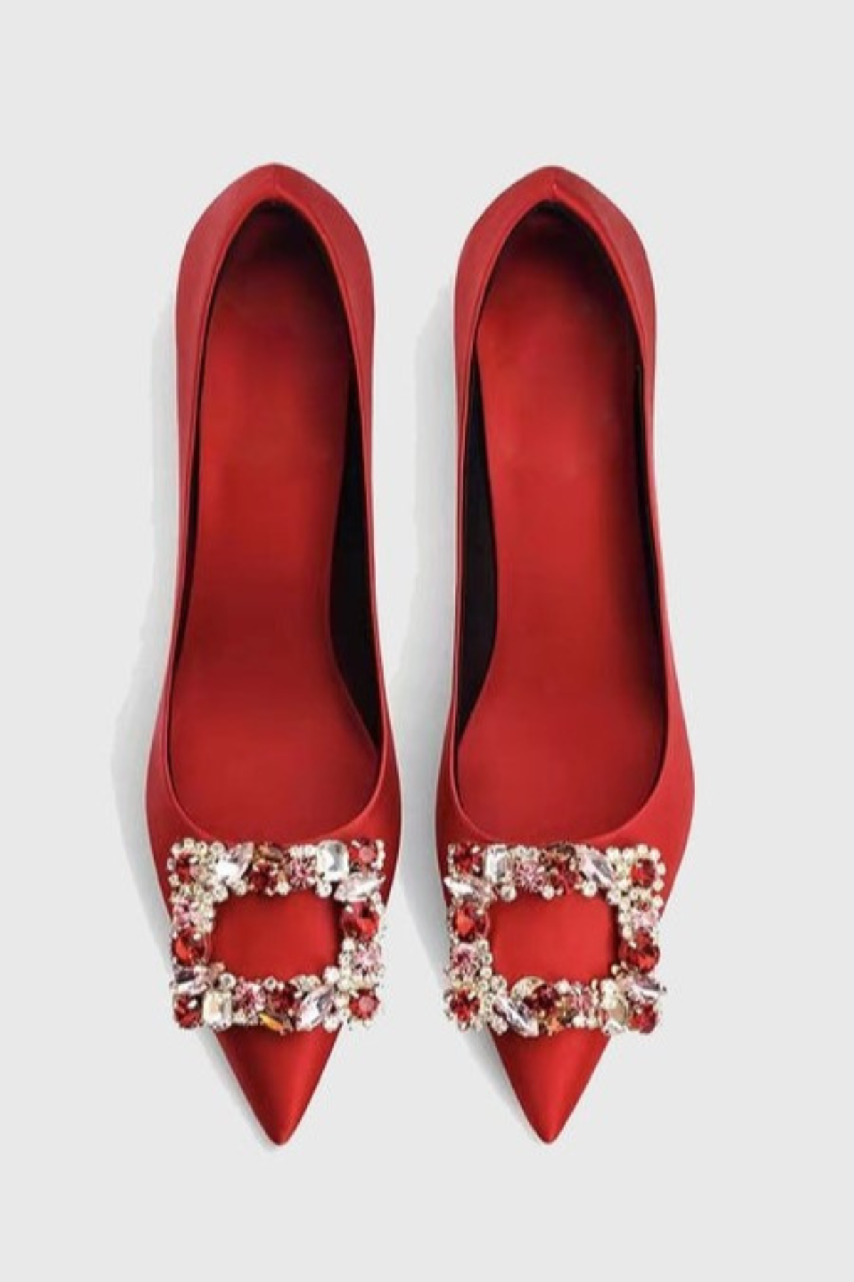 Jabez Rhinestone Buckle Satin Pumps - Red
