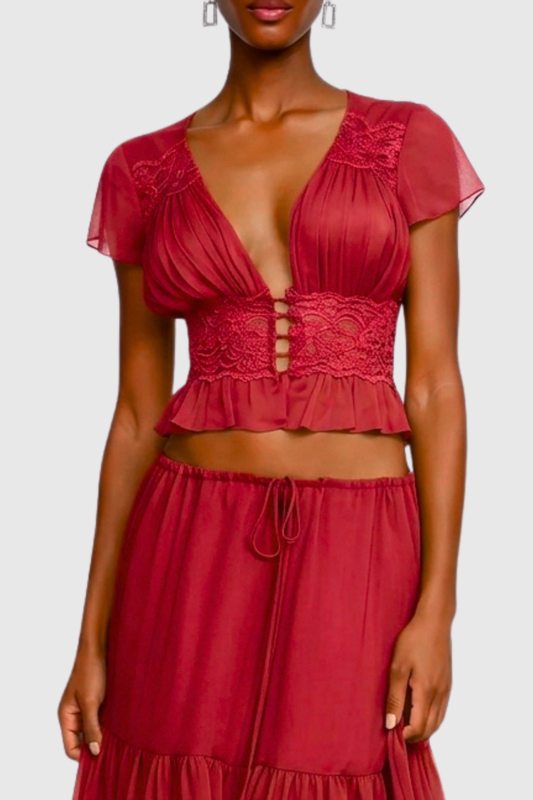 Jettya Lace Ruffle Top & Maxi Skirt Set - Red