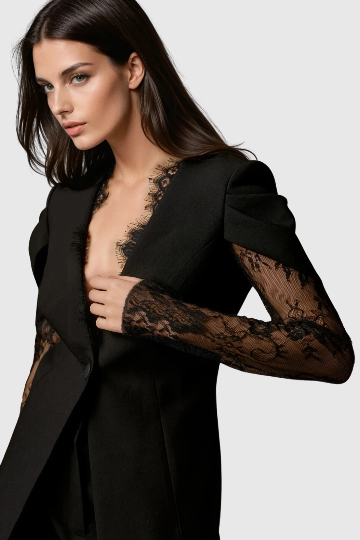 Jream Plunge Lace Blazer - Black