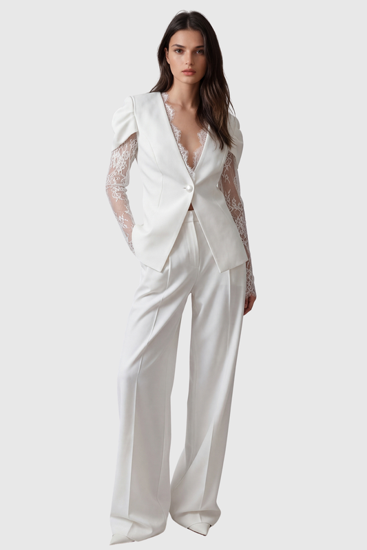 Jream Plunge Lace Blazer - White