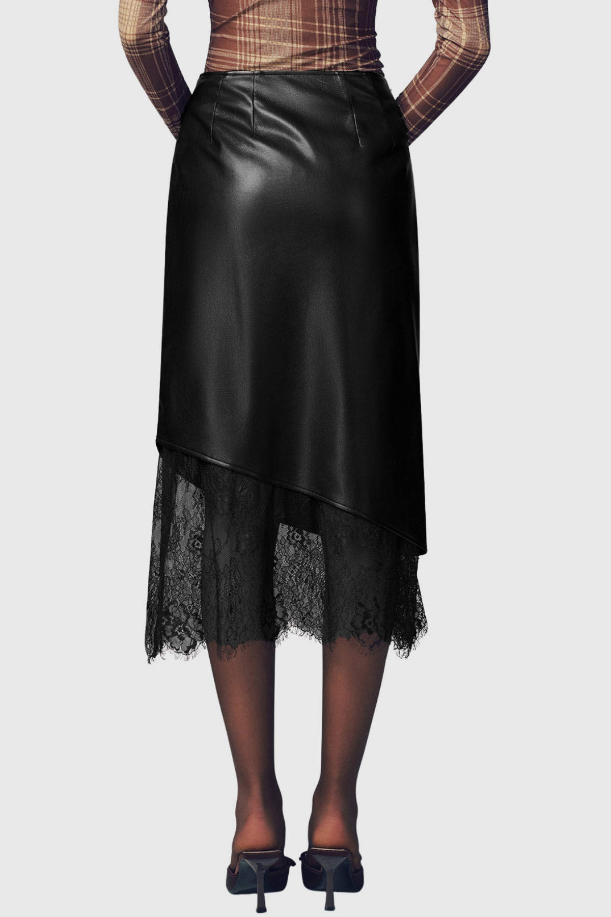 Julian Lace Hem Leather Midi Skirt - Black