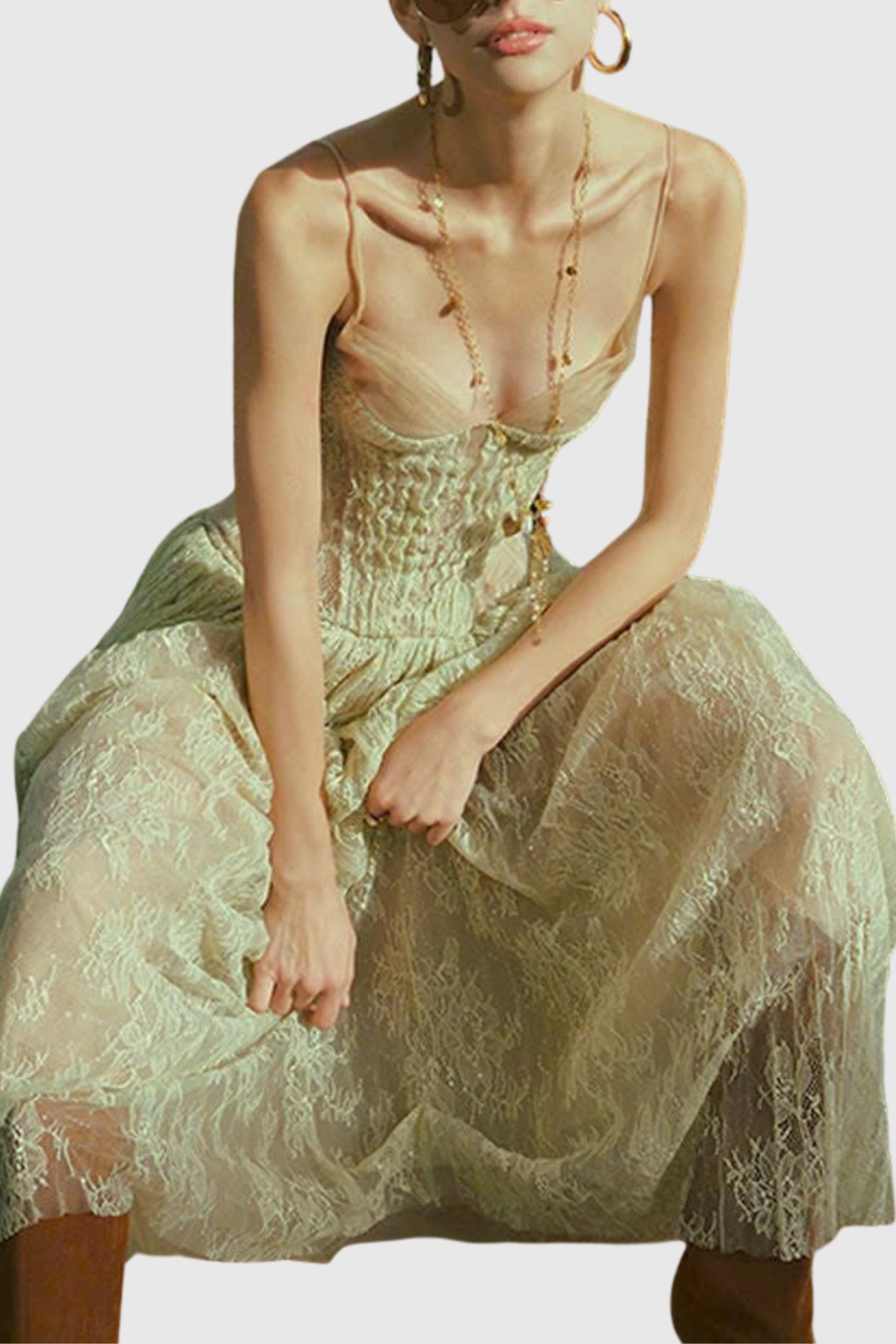 Jurin Lace Pleated Maxi Dress - Green