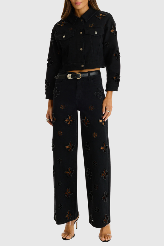 Kalliopa Floral Pearl Cutout Jeans - Black