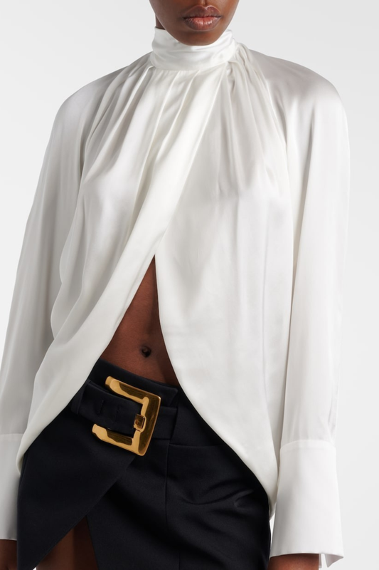 Kamdat Draped Satin Slit Blouse - White