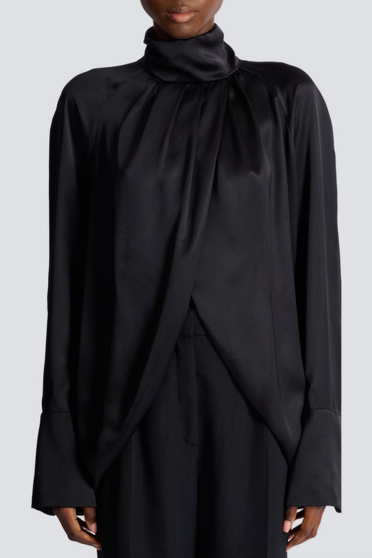 Kamdat Draped Satin Slit Blouse - Black