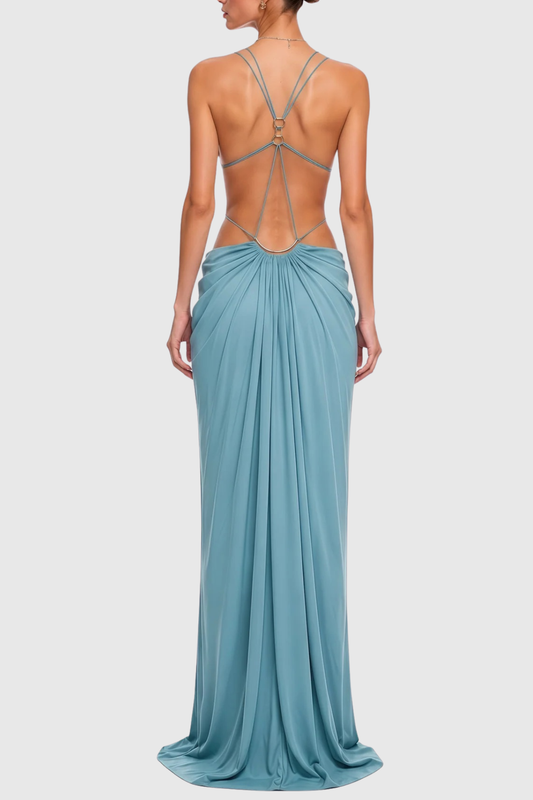 Kaori Cutout Backless Ruched Maxi Dress - Blue