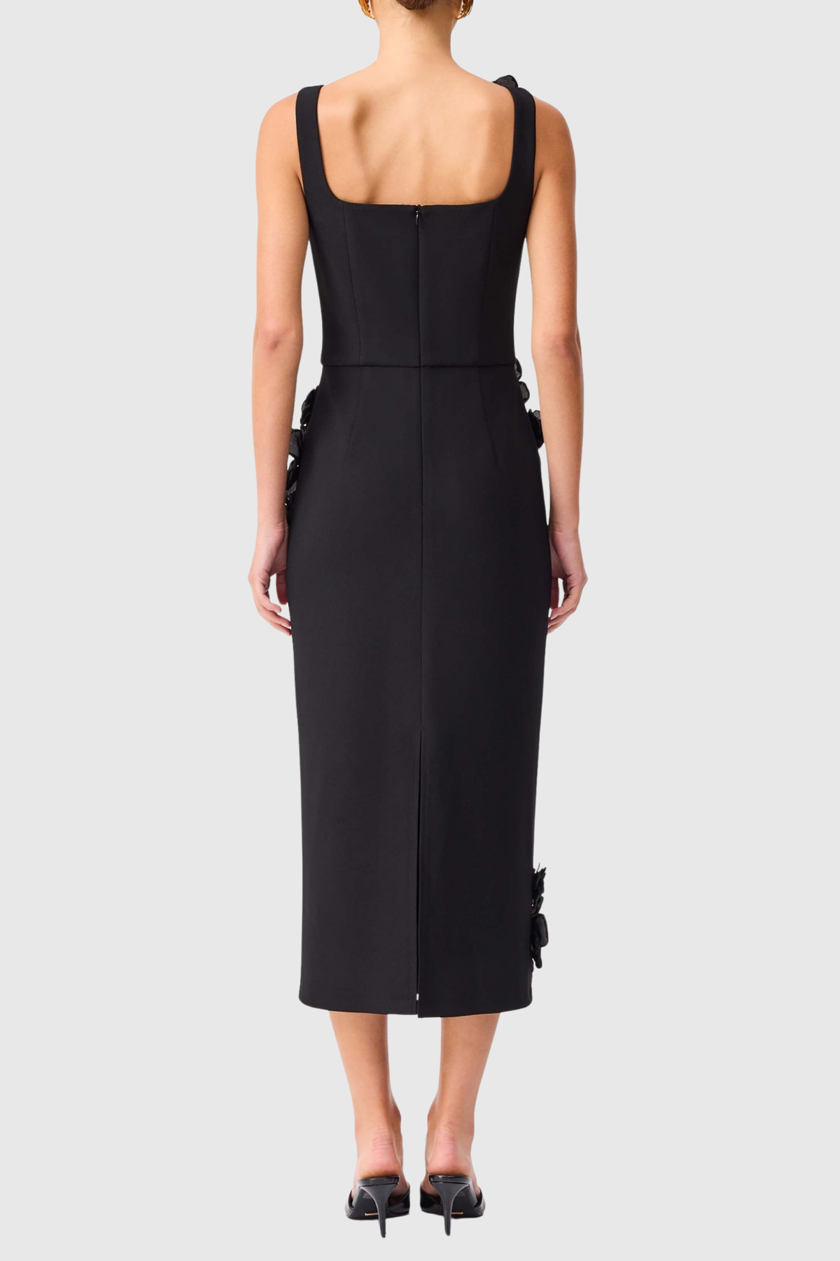 Kaprisha Floral Appliqué Embellished Midi Dress - Black