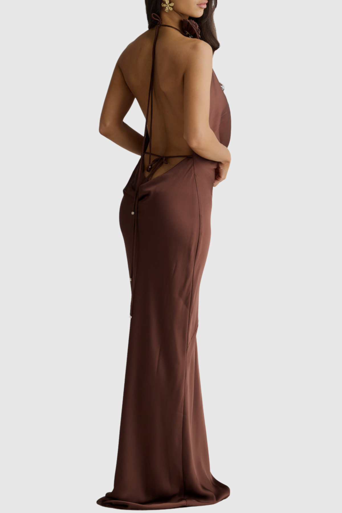 Karya Floral Plunge Satin Maxi Dress - Brown