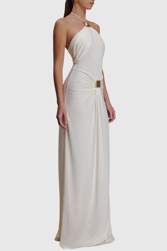 Kesar Halted Metal Embellished Maxi Dress - White