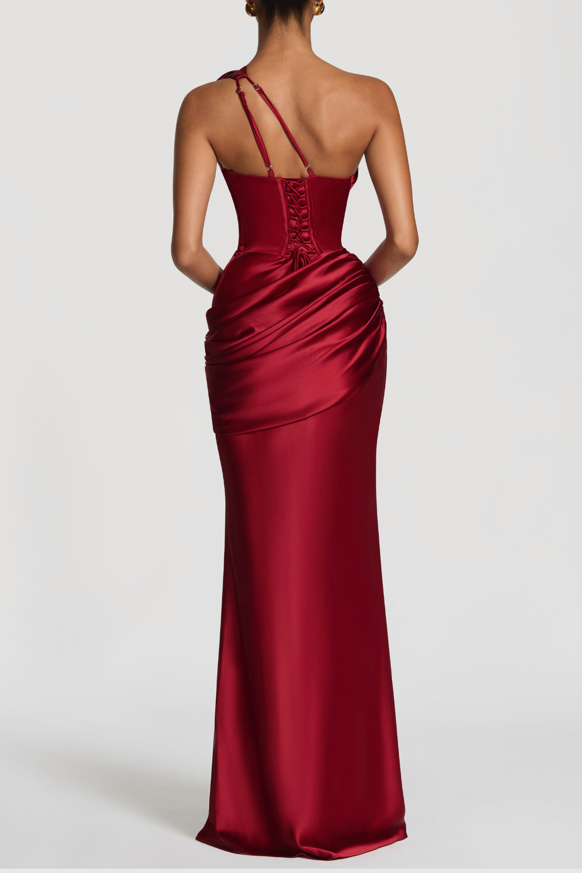 Kingare One Shoulder Cutout Ruched Maxi Dress - Red