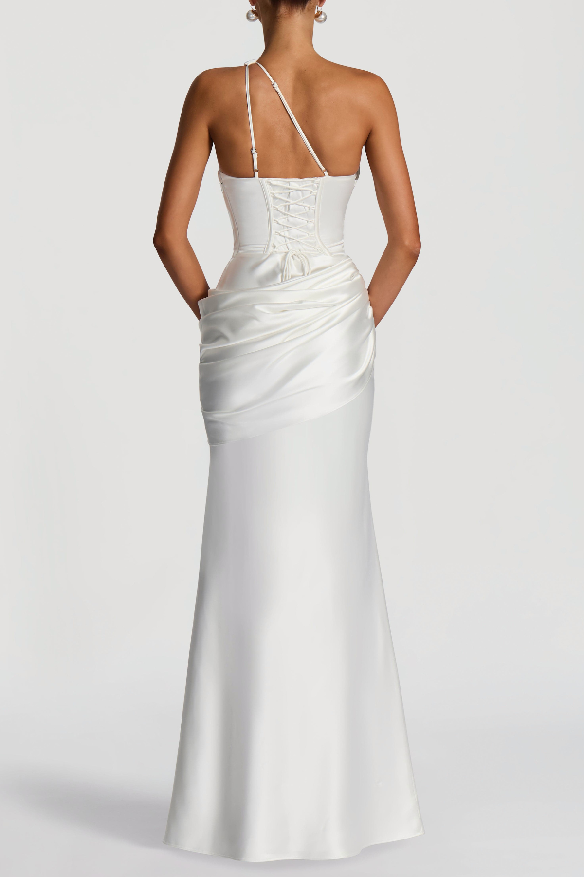 Kingare One Shoulder Cutout Ruched Maxi Dress - White