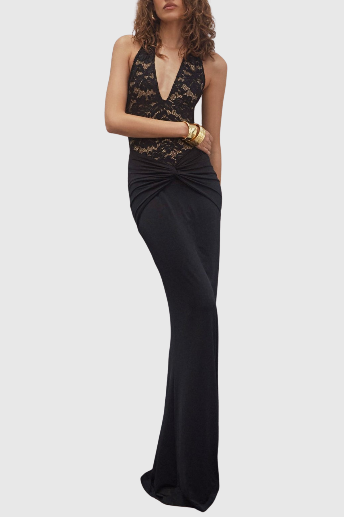 Kinslea Halter Lace Twisted Maxi Dress - Black