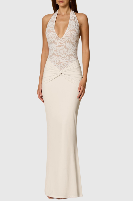 Kinslea Halter Lace Twisted Maxi Dress - White