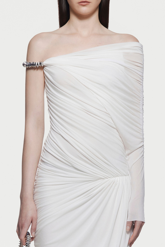 Koreia Asymmetric Ruched Maxi Dress - White