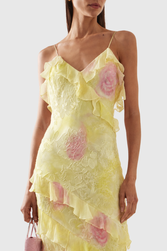 Koxana Floral Jacquard Ruffle Maxi Dress - Yellow