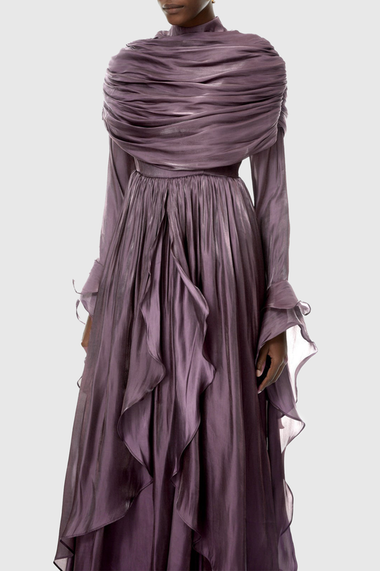 Kruzo Ruched Cape Ruffle Maxi Dress - Purple