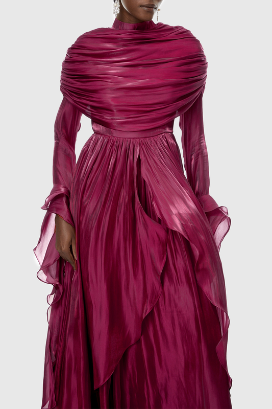Kruzo Ruched Cape Ruffle Maxi Dress - Wine
