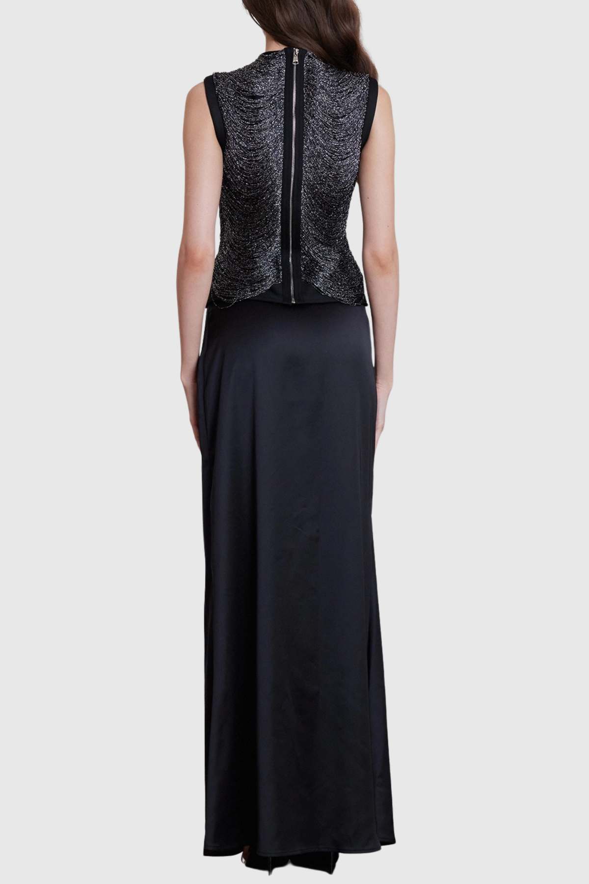 Laikla Fringe Sleeveless Top & Satin Skirt Set - Black