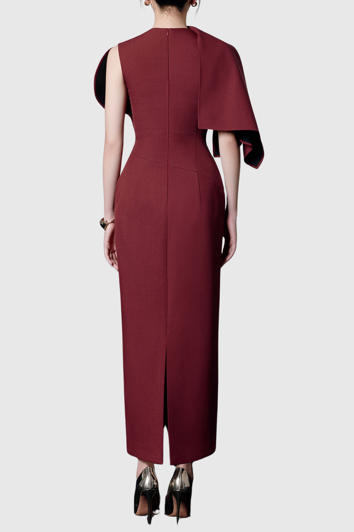 Lajoa Asymmetric Sleeve Draped Maxi Dress