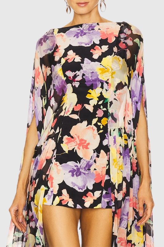 Lapis Floral Print Cape Sleeve Mini Dress