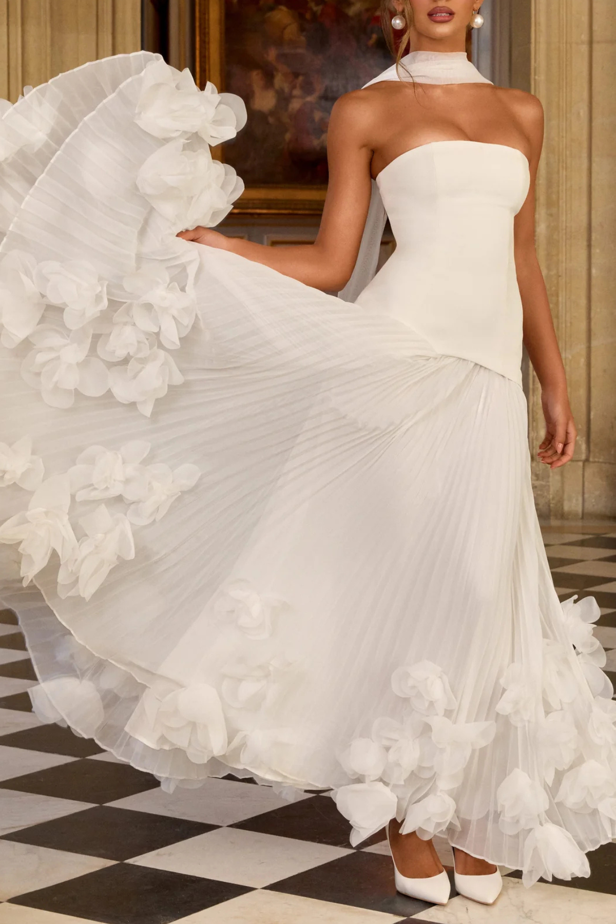 Laurell Strapless Floral Appliqué Pleated Maxi Dress - White