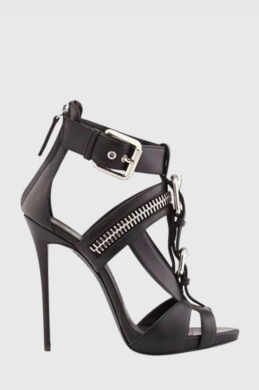 Learta Buckle Zip T Strap Sandals - Black