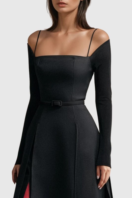 Ledie Off Shoulder Belted Slit Midi Dress - Black