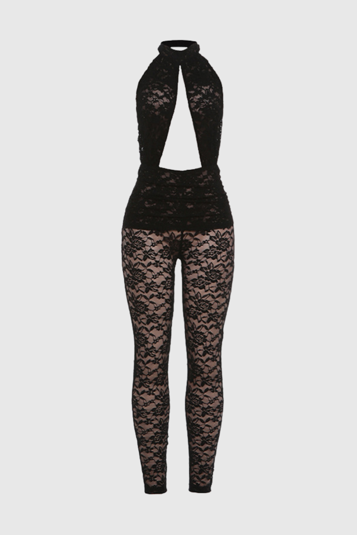 Leica Halter Lace Cutout Jumpsuit - Black