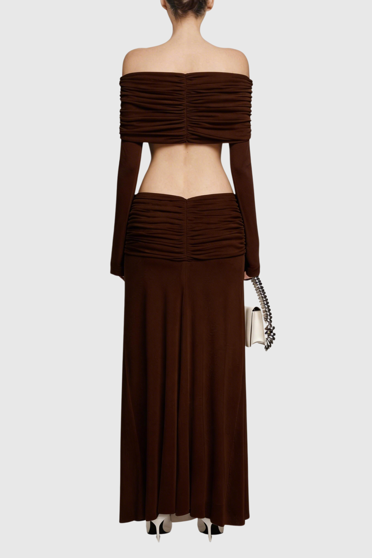 Lekeisha Off Shoulder Ruched Top & Maxi Skirt Set - Brown