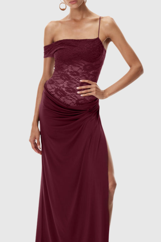 Leroy Lace Panel Asymmetric Maxi Dress - Wine