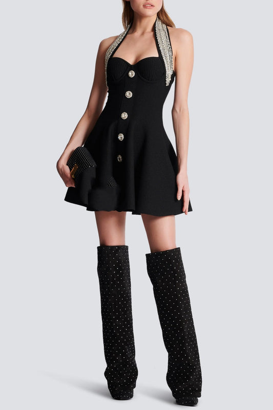 Leticia Crystal Halter Mini Bandage Dress - Black